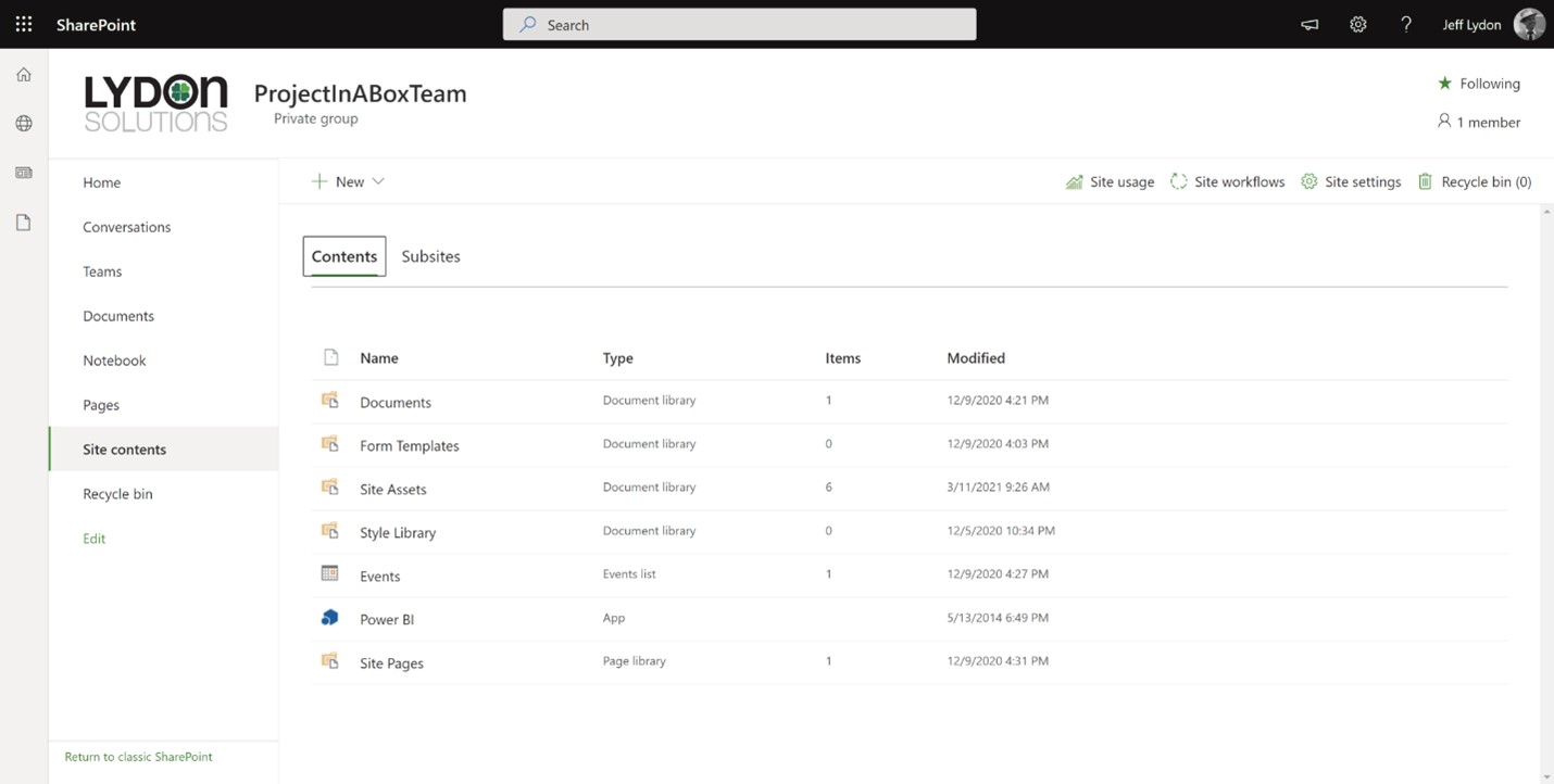 “Database” example - SharePoint site contents
