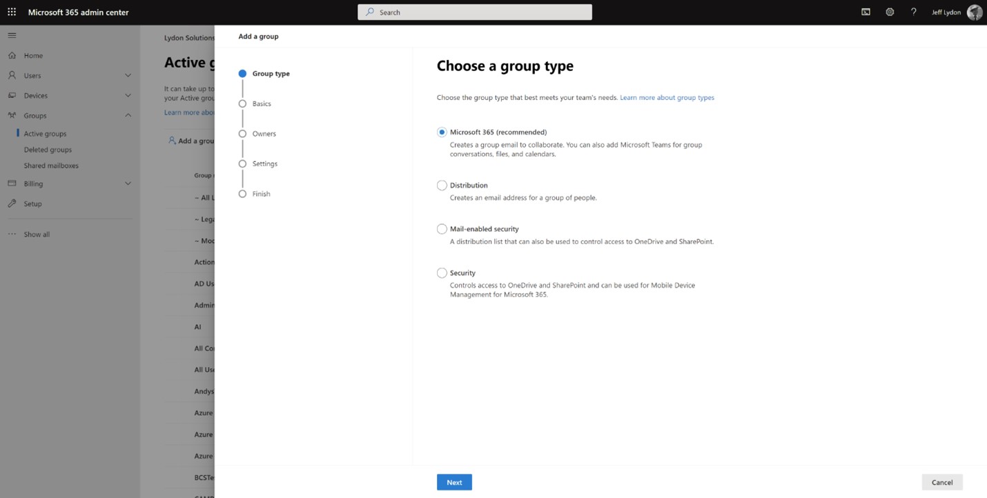 Admin center - 365 Group administration