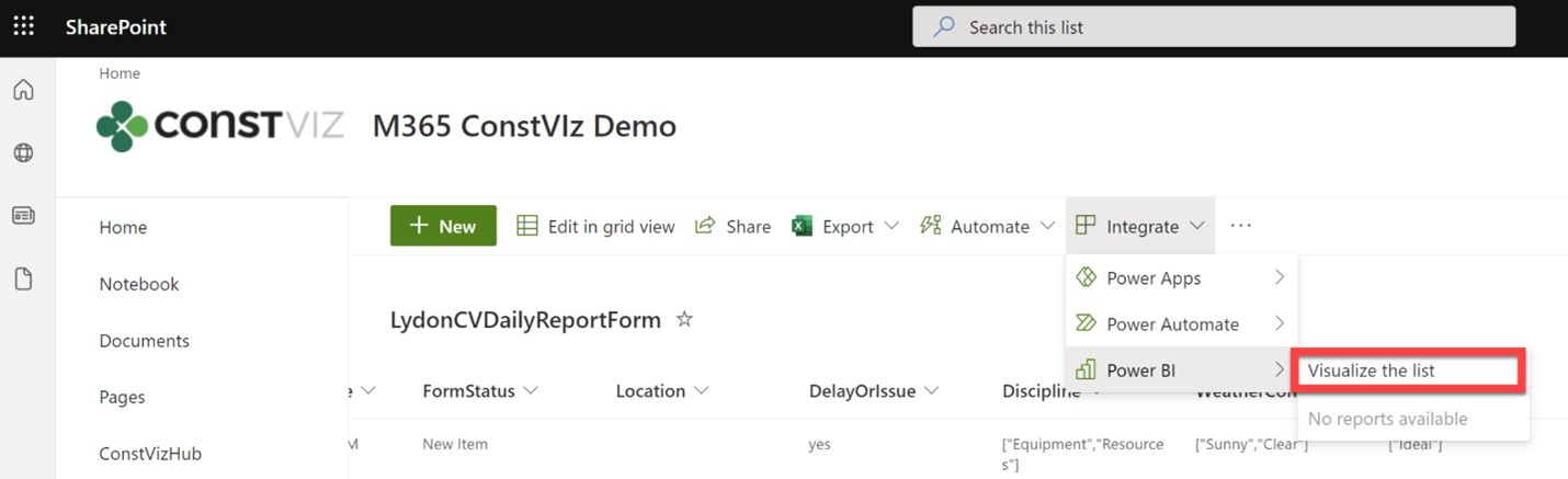 Easily create a Power BI report in Construction Viz SharePoint Daily Report List app