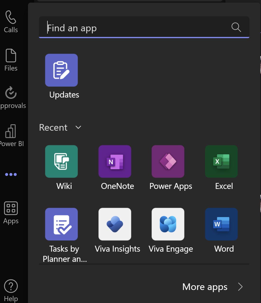 Clicking "more apps" from Microsoft Teams navigation