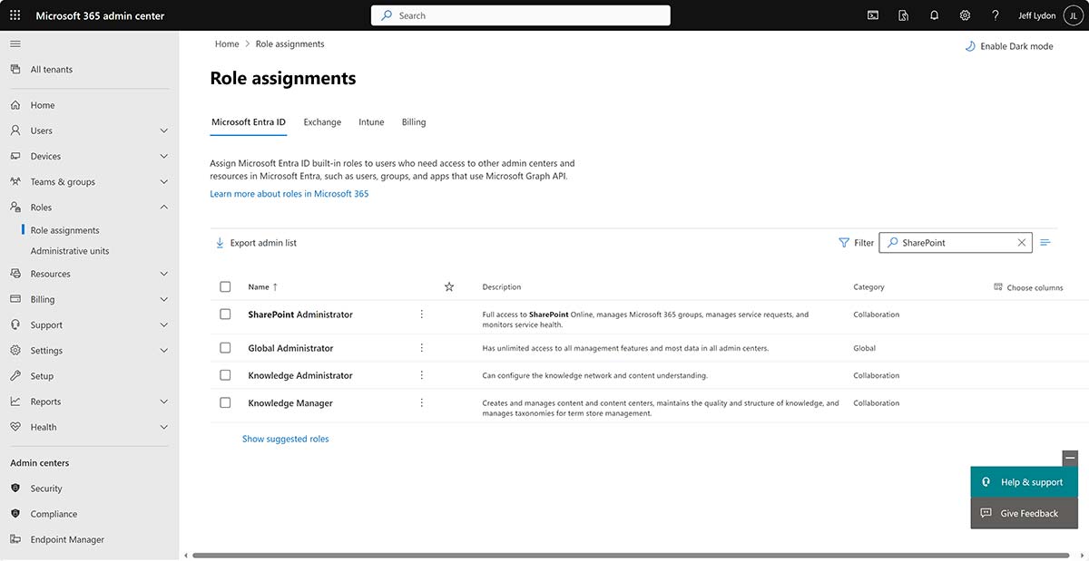 Microsoft 365 Admin center permission roles filtered for SharePoint